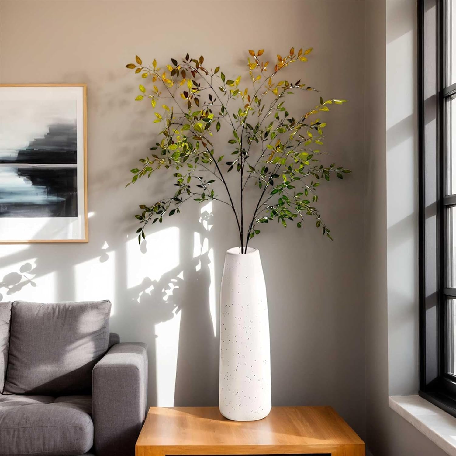 4Pcs Artificial Branches, 43.3inches Fall Artificial Nandina Stems Fake Faux Plastic Tall Stem Autumn Plants for Indoor Outdoor Table Centerpiece Fireplace Halloween Home Decor, Green Mixed Orange