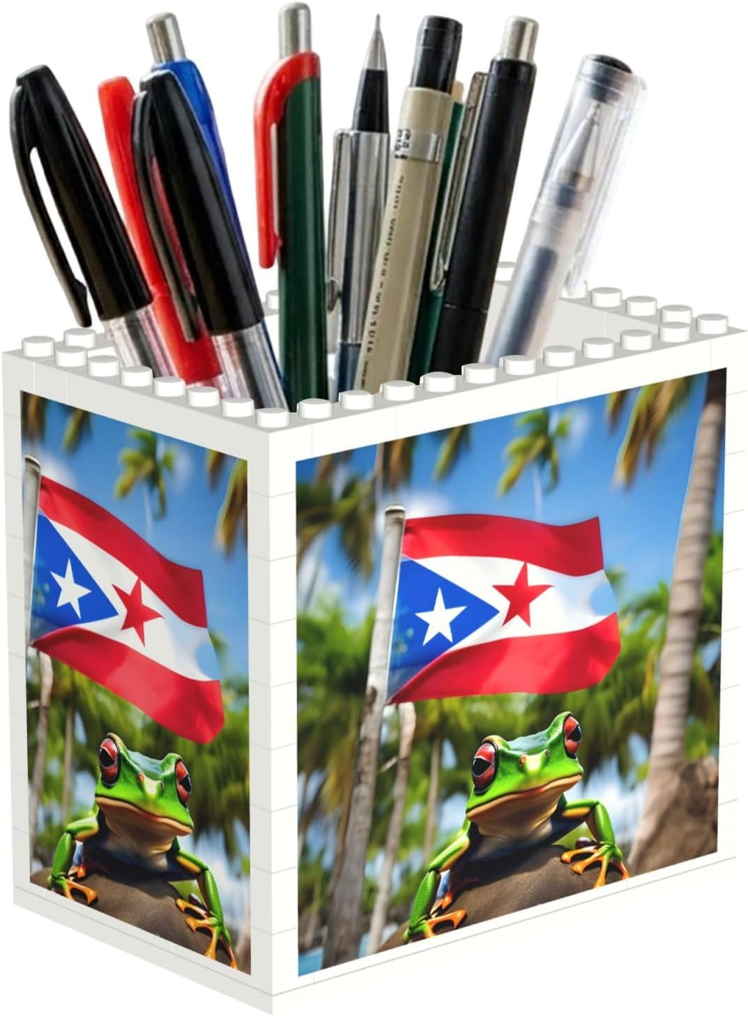 Puerto Rico Flags Frog Palm Trees Print Uv Print Block Pencil Cup, Detachable Creative Block Desk Organizer Office Abs Pen Holder