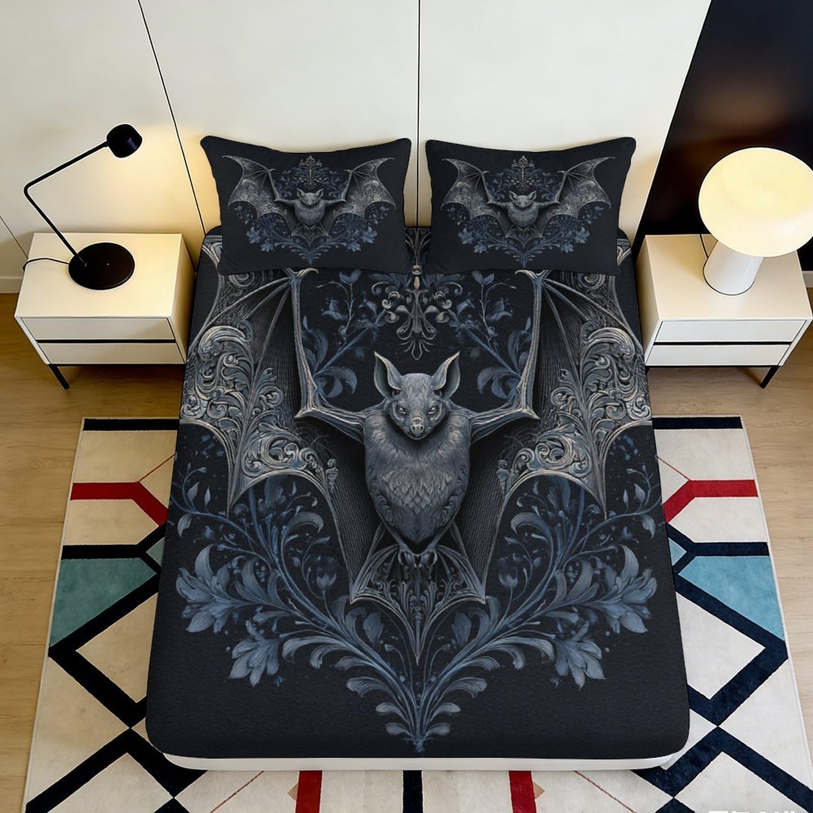 3D Printed Gothic Bat Fitted Sheet Microfiber Black Art Mattress Cover for Bedroom Dorm Decor Protection 90x200x25cm