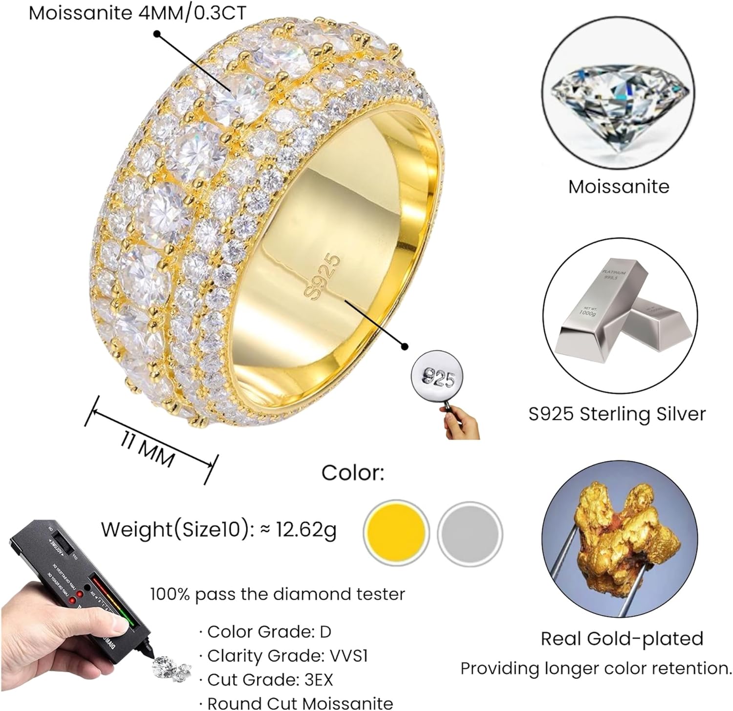 ICEDIAMOND 11mm Moissanite Five-Row Ring, 4mm 0.3CT D-Color VVS1 Stones, 925 Sterling Silver Wide Band, Luxury Iced Out Statement Ring for Men & Women (Size 6–12)