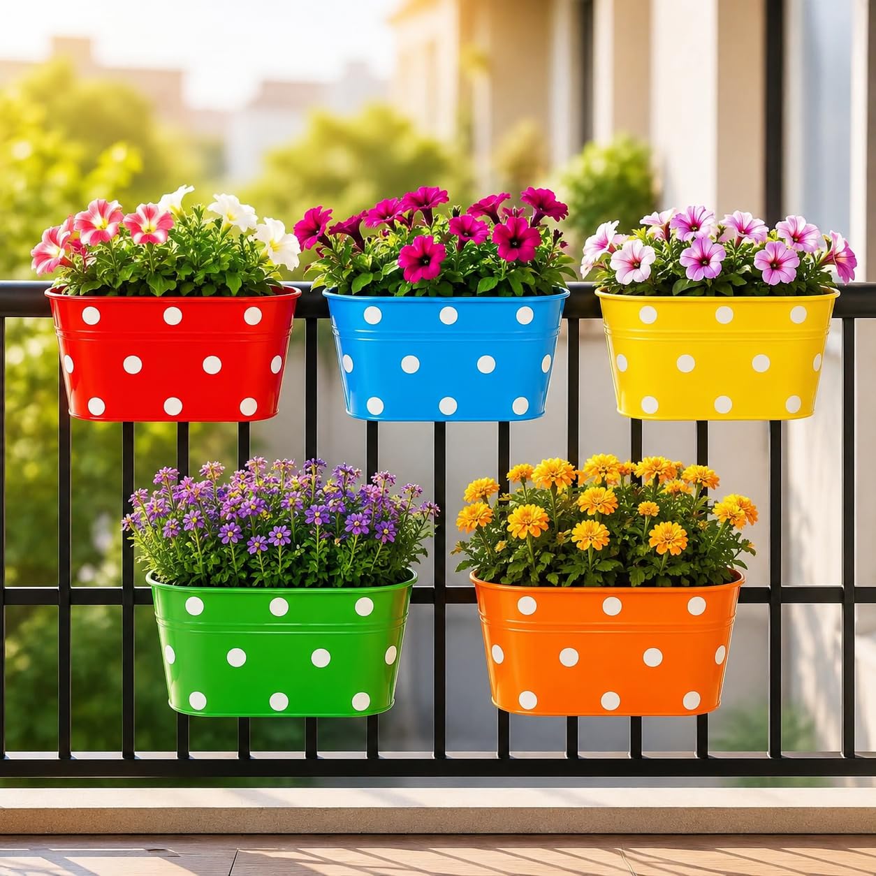 EXALT® Railing Planters Dotted Oval Rectangular Shape Hanging Flower Pots for Grills Home Gardening Outdoor Metal Plant Pots (Multicolour, Pack of 5)-image-1