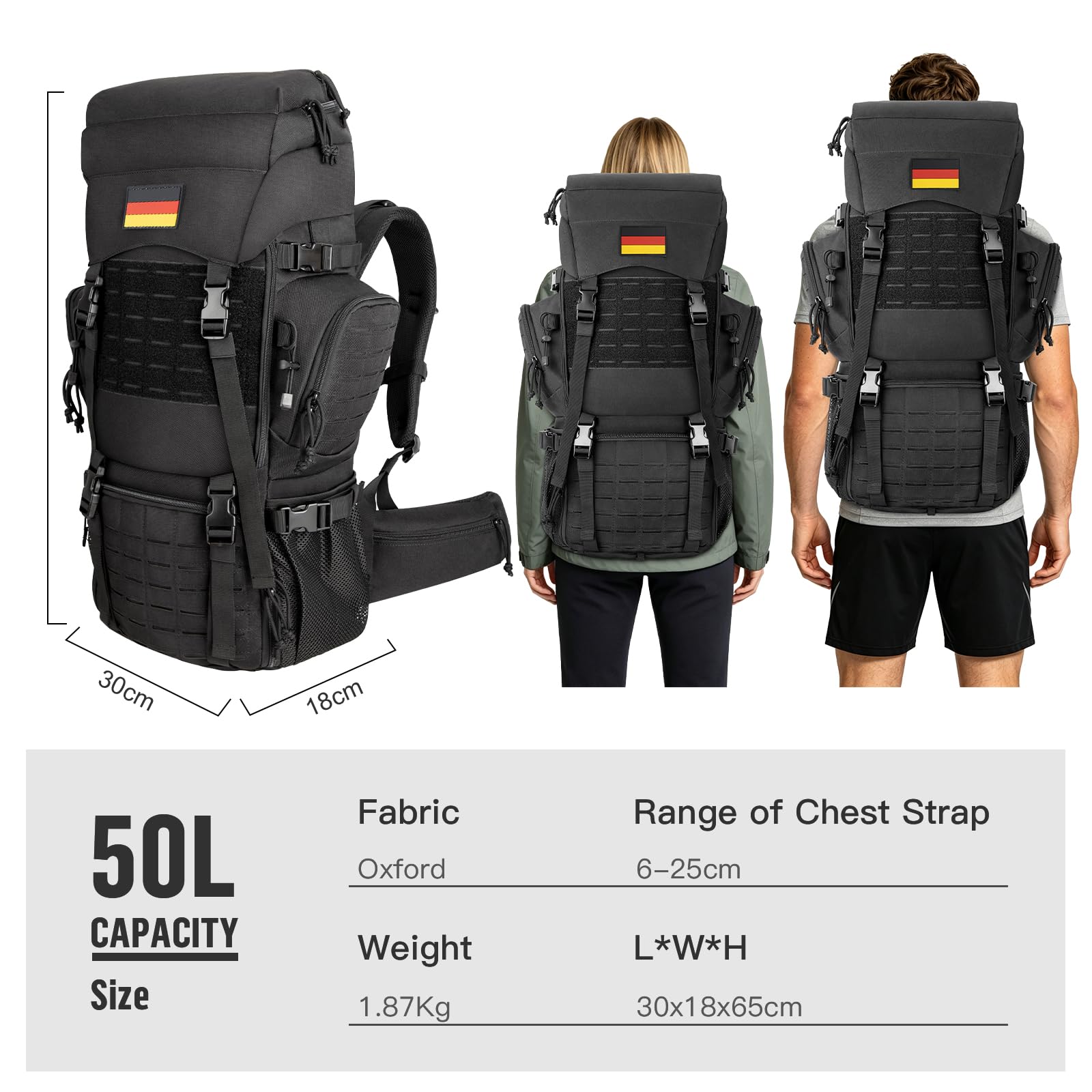 Jueachy Wanderrucksack Rucksack Herren 50L Wasserdicht mit Regenschutz | Reiserucksack Groß Wander Rucksäcke Militär Taktische Molle Rucksack CampingRucksack Travel Backpack Outdoor Trekkingrucksack