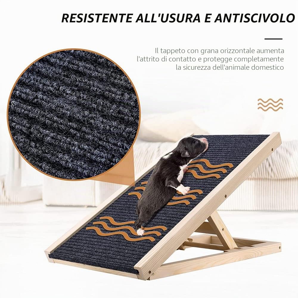 Rampa per cani in legno massello da 70x35 cm, scala per auto per cani, portatile, altezza regolabile, con superficie antiscivolo in moquette, rampa per cani per viaggi in auto e furgone, 2 parti