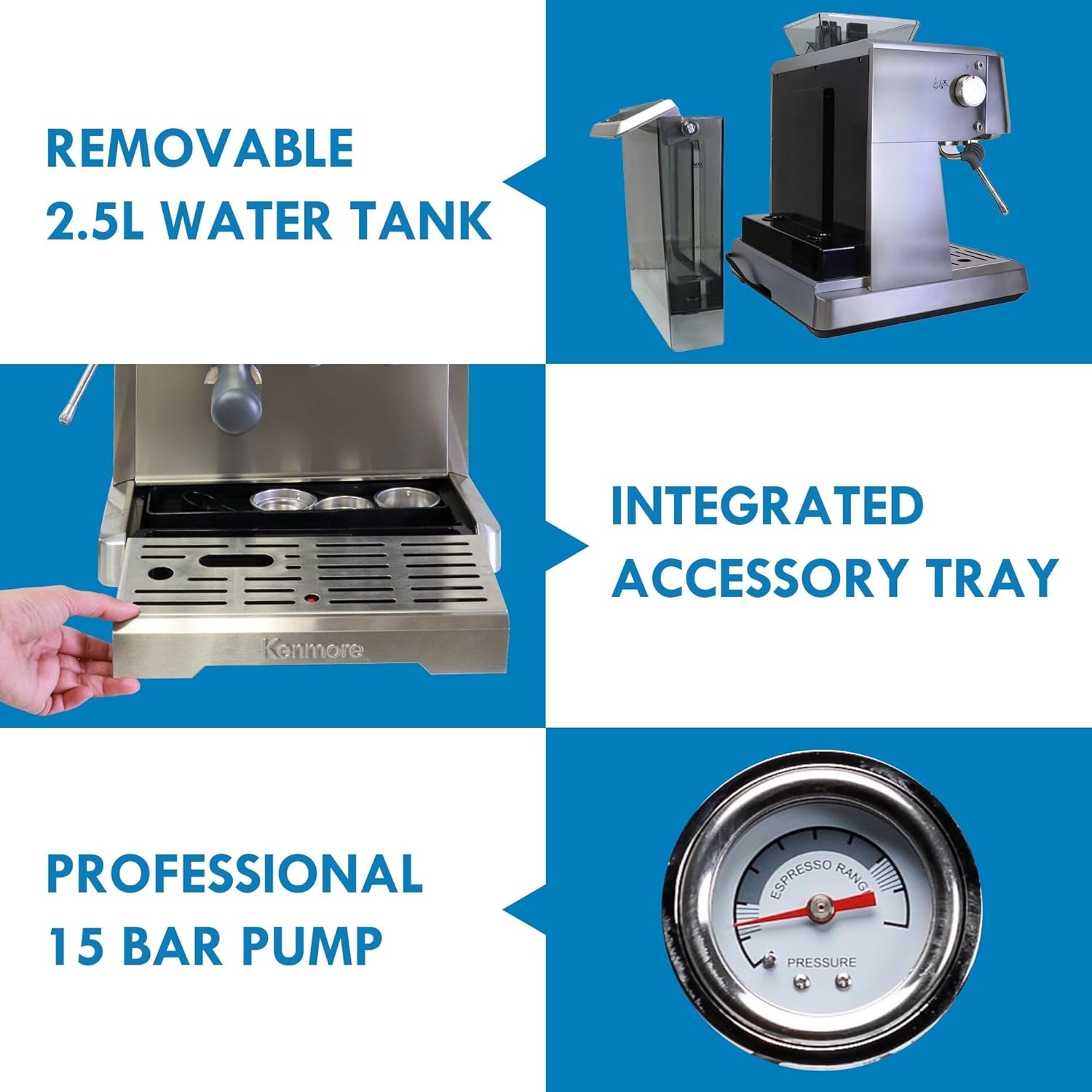 Kenmore Espresso Machine – Automatic Coffee Maker with Manual Tamper, Auto Cleaning, Milk Steamer & Frother, Bean Grinder, Brew Professional Barista Style Cappuccino, Café Latte - Image 8