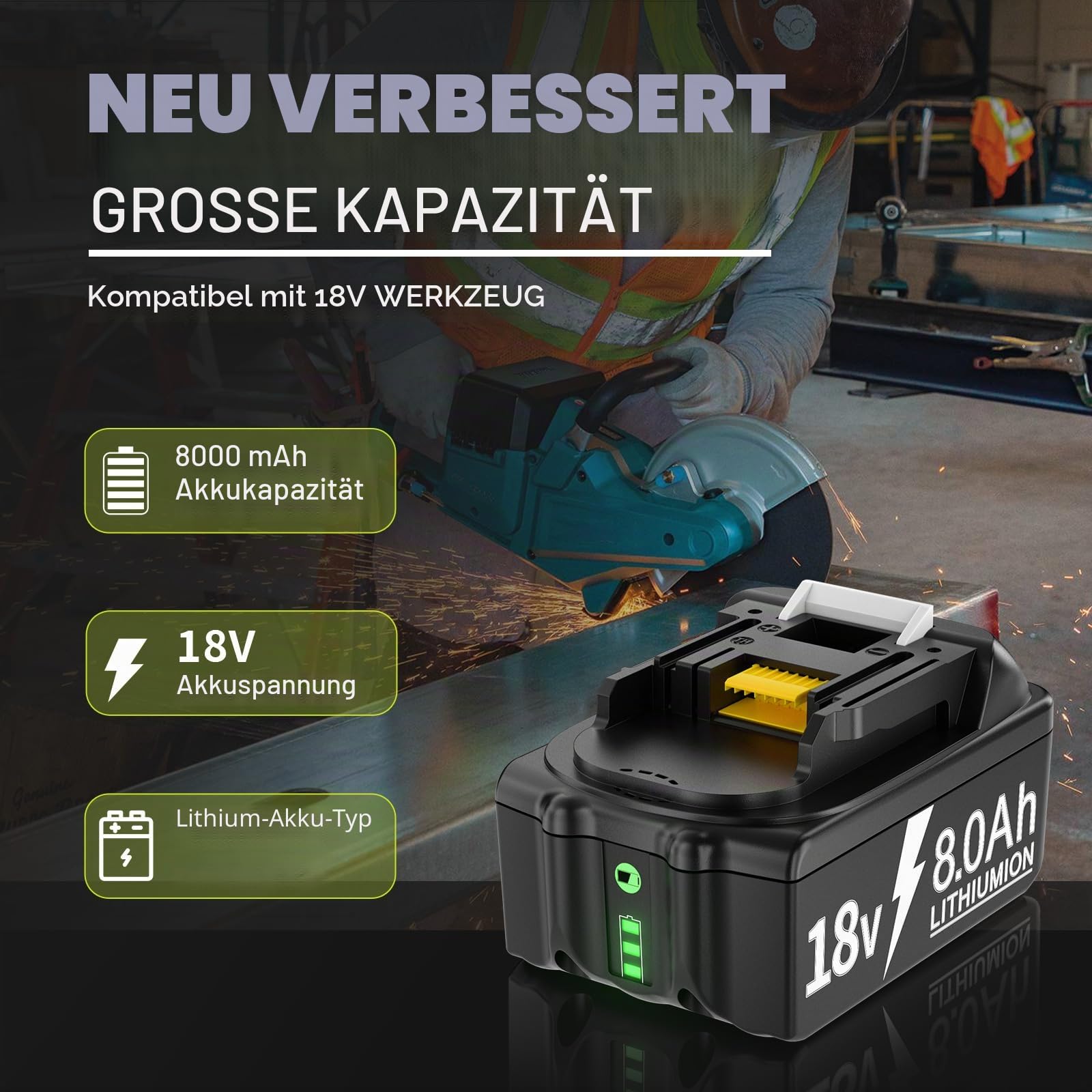 Powtree 2X 18V 8.0Ah Akku für Makita, Ersatzakku für Makita 18V BL1860B Kompatibel mit BL1860 BL1850 BL1850B BL1840 BL1840B BL1830 BL1830B BL1815 LXT Akku-Elektrowerkzeuge mit LED-Anzeige