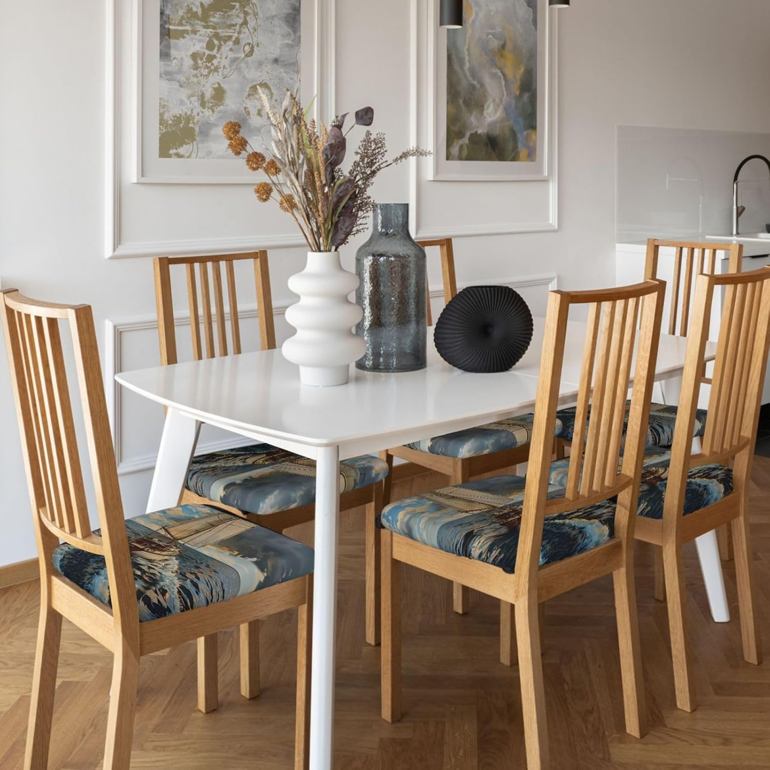 Ocean Sailboat Print Square Cushion Covers 6 Pcs Set Elastic Non-Slip Seat Cushion Slipcovers Pet Furniture Protectors for Chair, Sofa