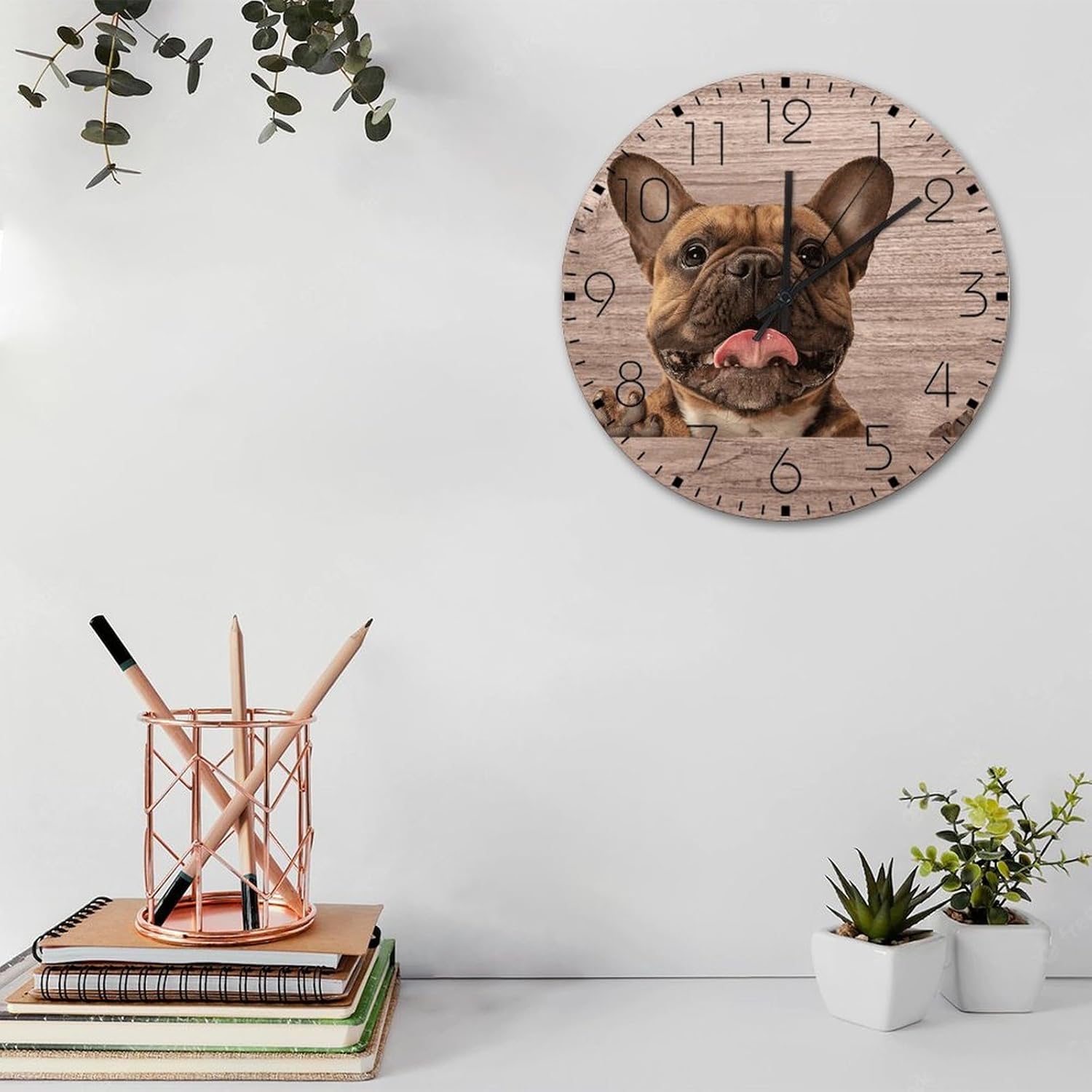 Silent Wall Clock Round Silent Non-Ticking French Bulldog Farmhouse Wall Clocks 3D Art Portrait Pet Dogs Home Decoration for Yoga Room Living Room Cabin 12 Inch
