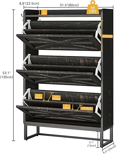 Miniatura 2 de DWVO Armario de almacenamiento de zapatos de granja con 3 cajones abatibles, armario delgado para hasta 24 pares, zapatero estrecho para entrada,