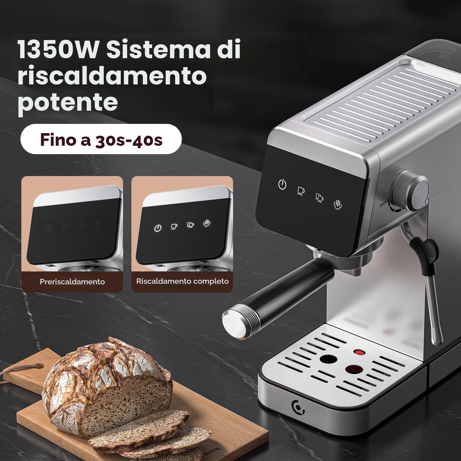 AMZCHEF Macchina per caffè espresso 20 bar con indicatore LED Home 2 in 1 con serbatoio rimovibile da 1,2 l, per regali domestici, compatta in acciaio inox, 1350 W