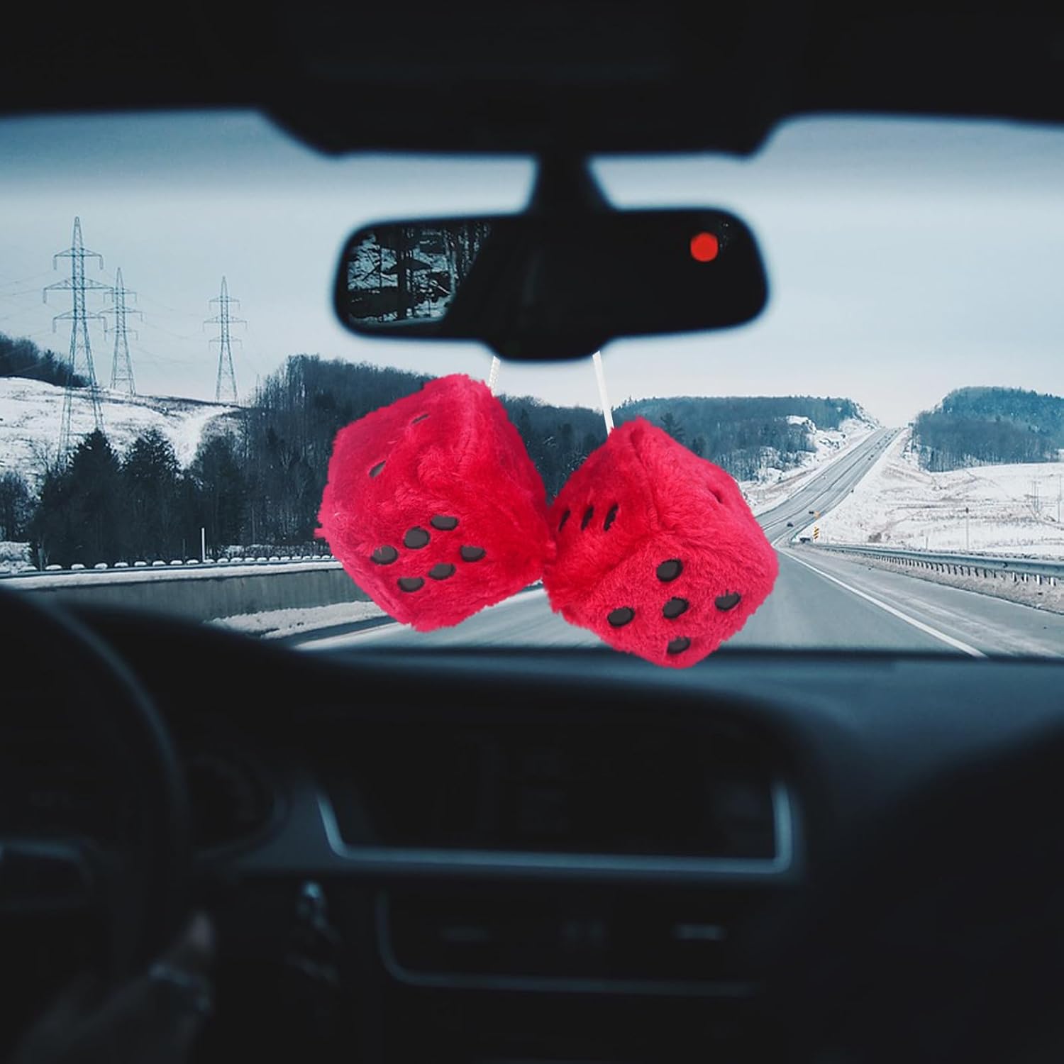 Pair 3” Red Fuzzy Plush Dice with Black Dots for Car Mirror, Soft Retro Plush Car Interior Accessories for Car Rearview Mirror Hanging Decoration