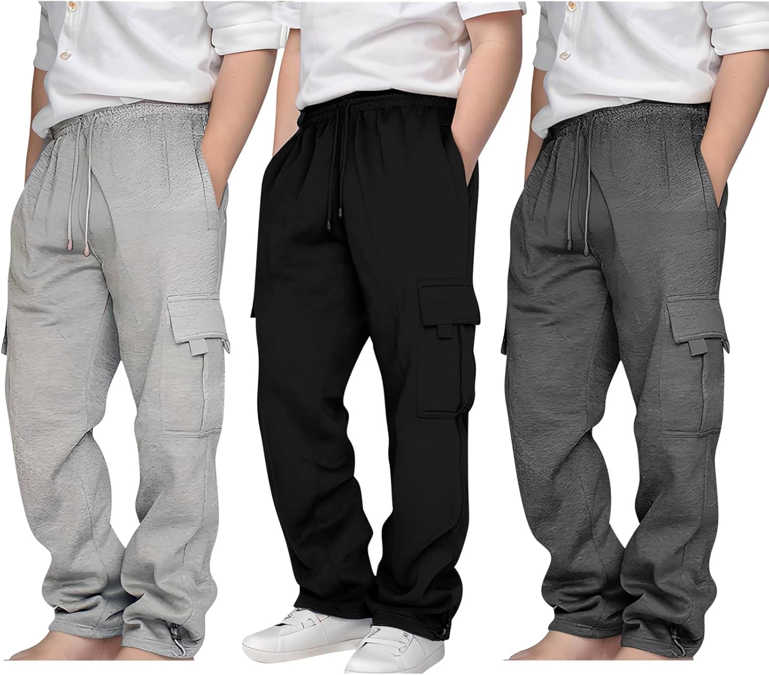 3 Pack Cargo Sweatpants for Boys Fleece Heavyweight Cargo Joggers Drawstring Elastic Waist Sweat Pants with Pockets 3-12 T