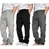 3 Pack Cargo Sweatpants for Boys Fleece Heavyweight Cargo Joggers Drawstring Elastic Waist Sweat Pants with Pockets 3-12 T