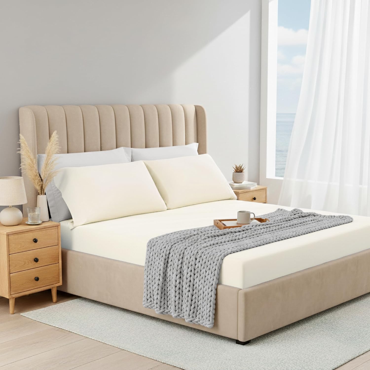 Queen Sheet Sets 3 Piece, Cooling Spandex Sheet, Fade Resistant Fitted Sheet & Pillowcases, All Elastic Fits Up to 15" Mattress, Breathable & Moisture-Wicking for Hot Sleepers, Ivory
