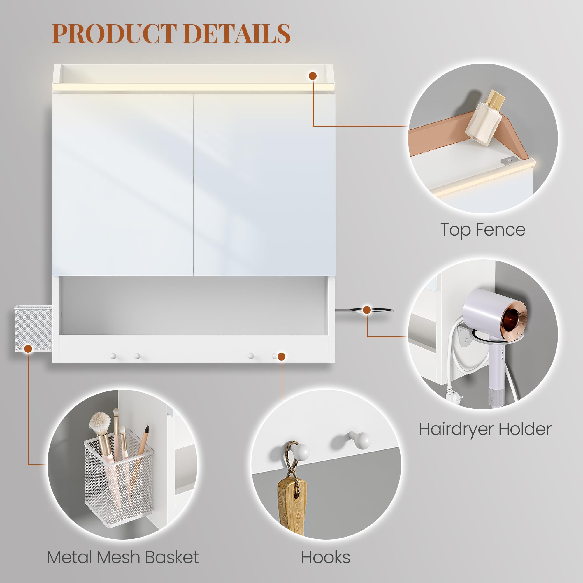 HEXCELEN 60 cm Spiegelschrank Bad, Badezimmerschrank mit Spiegel, Haken