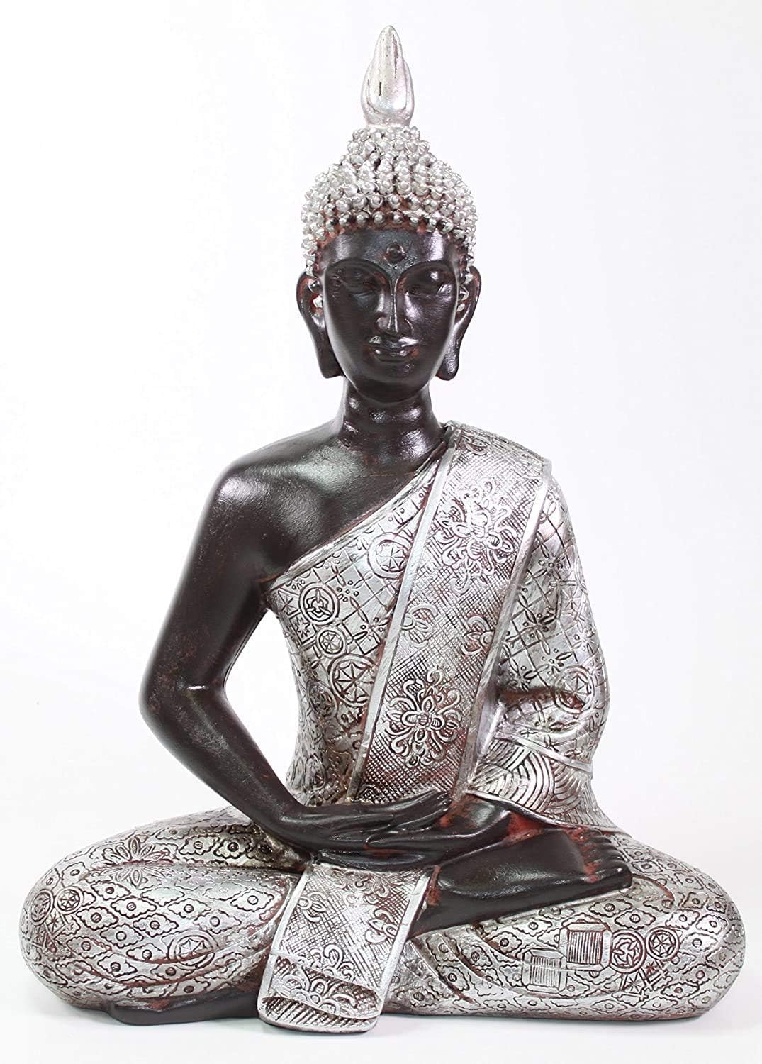 usamjtable Feng Shui 11" Silver and Black Thai Meditating Buddha Home Decor Statue (KT00138)