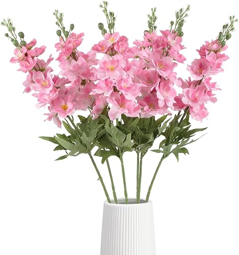 IPOPU 6PCS Faux Pink Delphinium Artificial Flowers 28.74'' Realistic Silk Fake Larkspur Flowers with Stems for Tall Floor Vase Outdoor Garden Wedding Party Home Decor (Deep Pink)