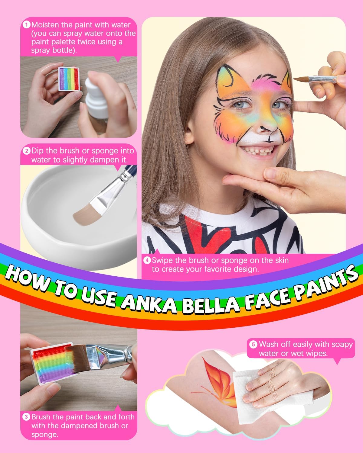Anka Bella 60gm Water Activated Split Cake Face Paint,Professional Washable Non Toxic Face Painting Kit for Kids & Adults,Gift for Halloween Birthday Parties/Carnival - Image 7