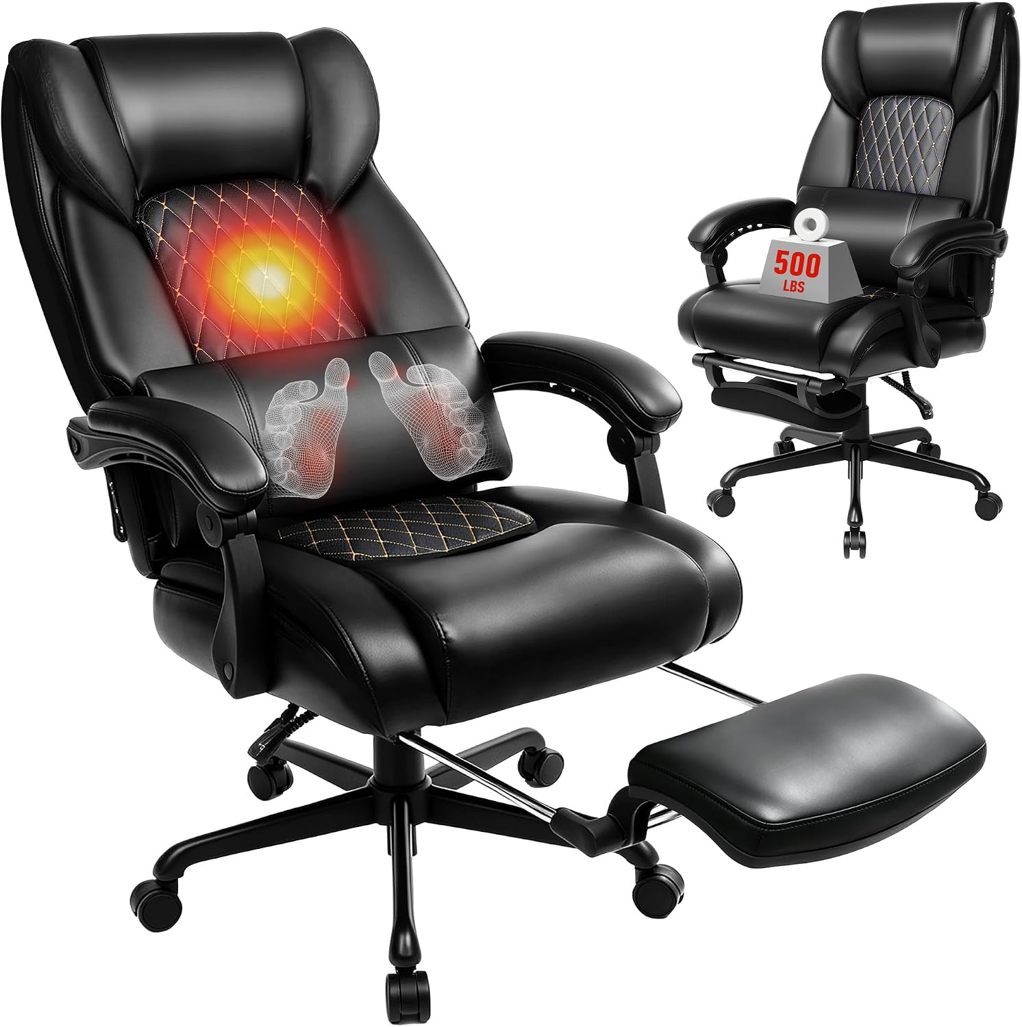 3D Kneading Massage Office Chair with Heat, 500 lbs Big and Tall Executive Computer Desk Recliner, Leather Electric Heated Chair with Footrest, Black