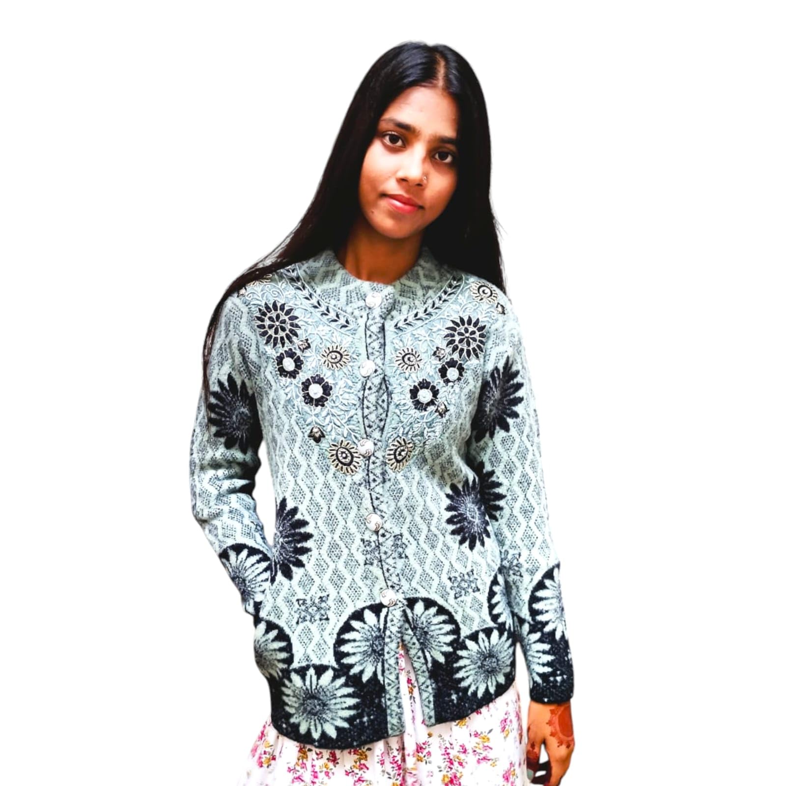 Women's Floral Embroidered Cardigan Sweater, Long Sleeve Button Front, Grey and Black Sunflower Pattern-picture-20