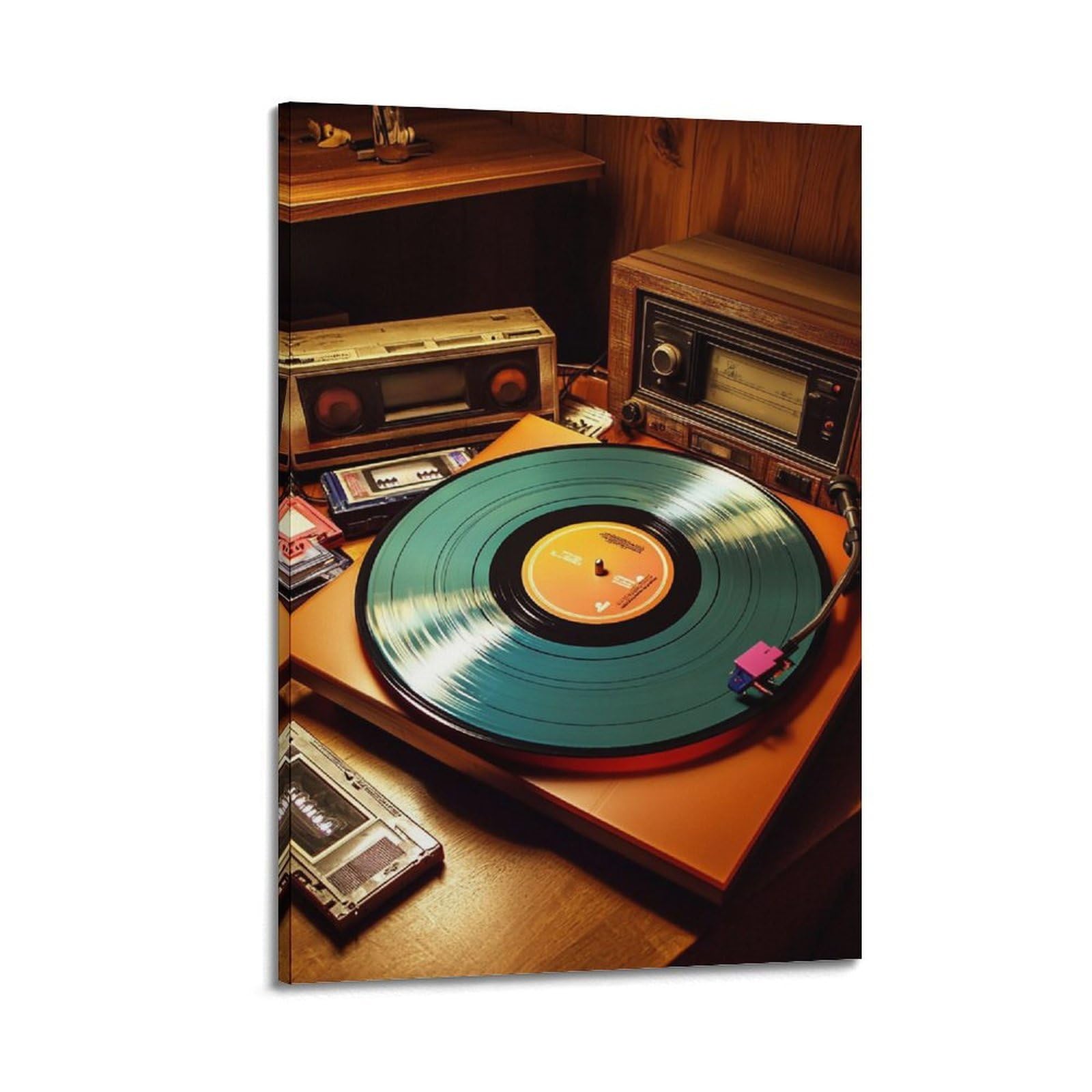 Retro gramofon z zieloną płytą winylową i kasetami sztuka ścienna, nostalgiczna dekoracja muzyczna do domu i salonu plakat dekoracyjny obraz płótno plakaty ścienne i artystyczny obraz druk nowoczesny