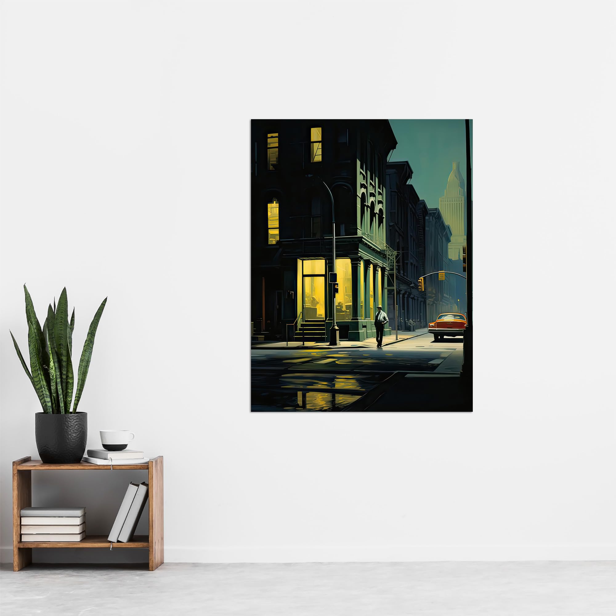 Artery8 New York at Dawn Edward Hopper Style Oil Painting Yellow Green Blue Man Walking in Empty City Street Extra Large XL Wall Art Poster Print - Image 4