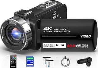4K Ultra 80MP Camcorder Video Camera Vlogging for YouTube Webcam | 18X Digital Zoom,IR Night Vision,3.0" IPS Screen,Video Recorder with 32GB SD Card,2 Batteries,Microphone and Remote Control