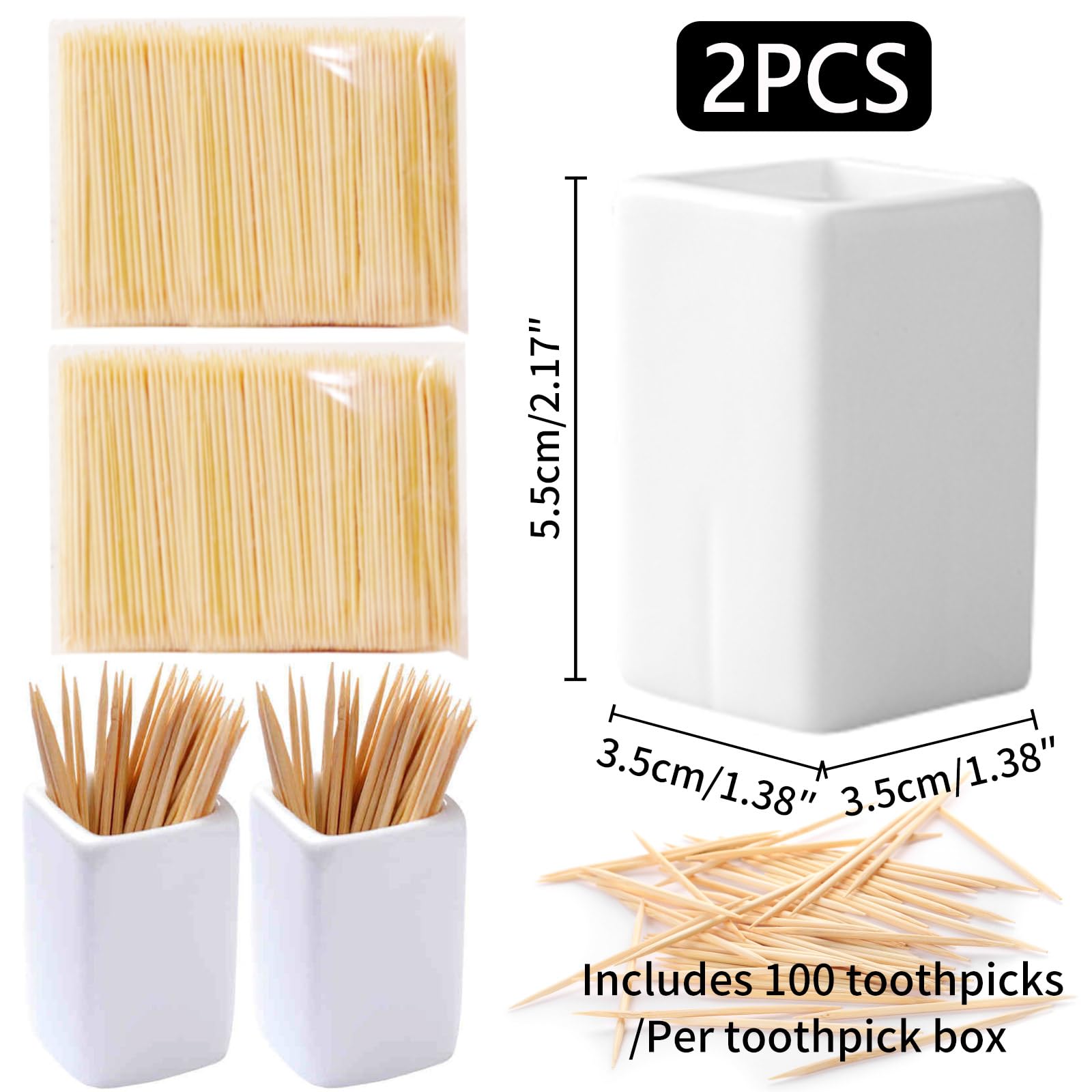 2 Piezas Dispensador de Palillos de Dientes Cuadrados de Cerámica,Dispensador Portátil de Palillos de Dientes,Cubo Palillero de Color Blanco