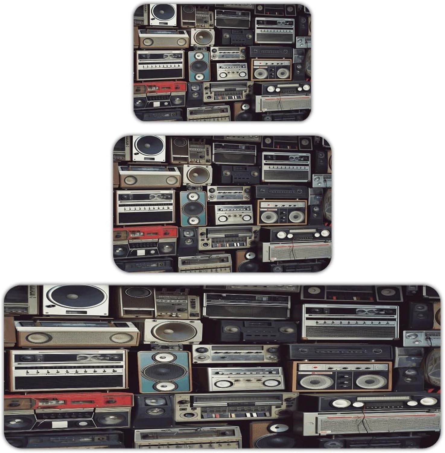 Vintage Wall of Radio Boombox Kitchen Rugs Sets of 3 Non Slip Kitchen Mat for Floor Comfort Standing Rug and Mats Thick Cushioned Long Area Carpets for Laundry Room Entryway