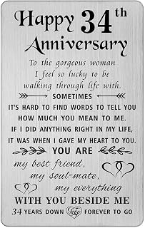 TANWIH 34th Anniversary Card for Her Wife, 34 Year Anniversary Card Gifts for Her Women, 34th Wedding Anniversary for Wife, Engraved Metal Wallet Cards
