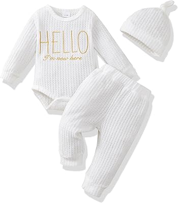 Renotemy Newborn Baby Boy Fall Clothes, Long Sleeve Letter Printed Rompers Plaid Pants Hat Outfits Clothing Set 0-18 Months
