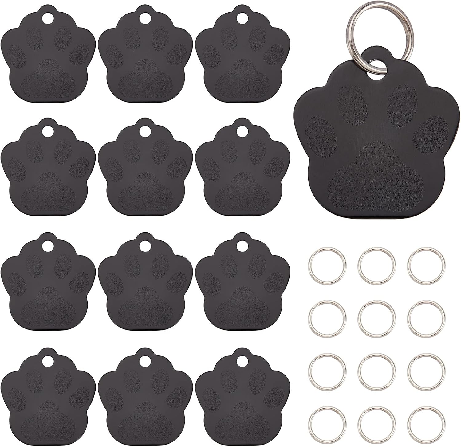 BENECREAT 30 Juego de Estampación de Pata de Perro de Aluminio con Anillos Divididos Etiquetas de Metal Negras para Mascotas de 1.3 Pulgadas para Manualidades DIY