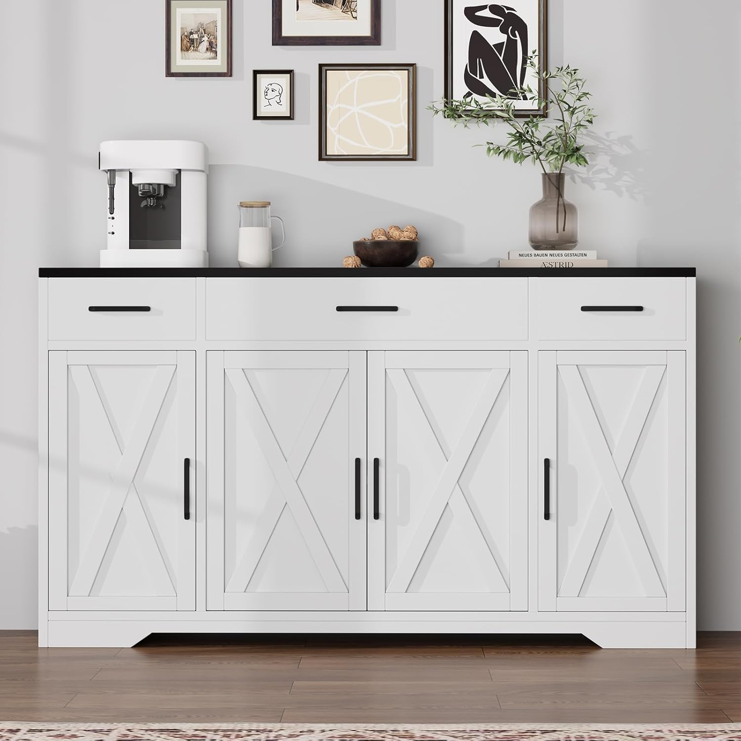 55" Sideboard with Storage Kitchen Storage Cabinet with 3 Drawers, Modern Large Wood Farmhouse Buffet Cabinet TV Stand Coffee Bar for Living Room Hallway