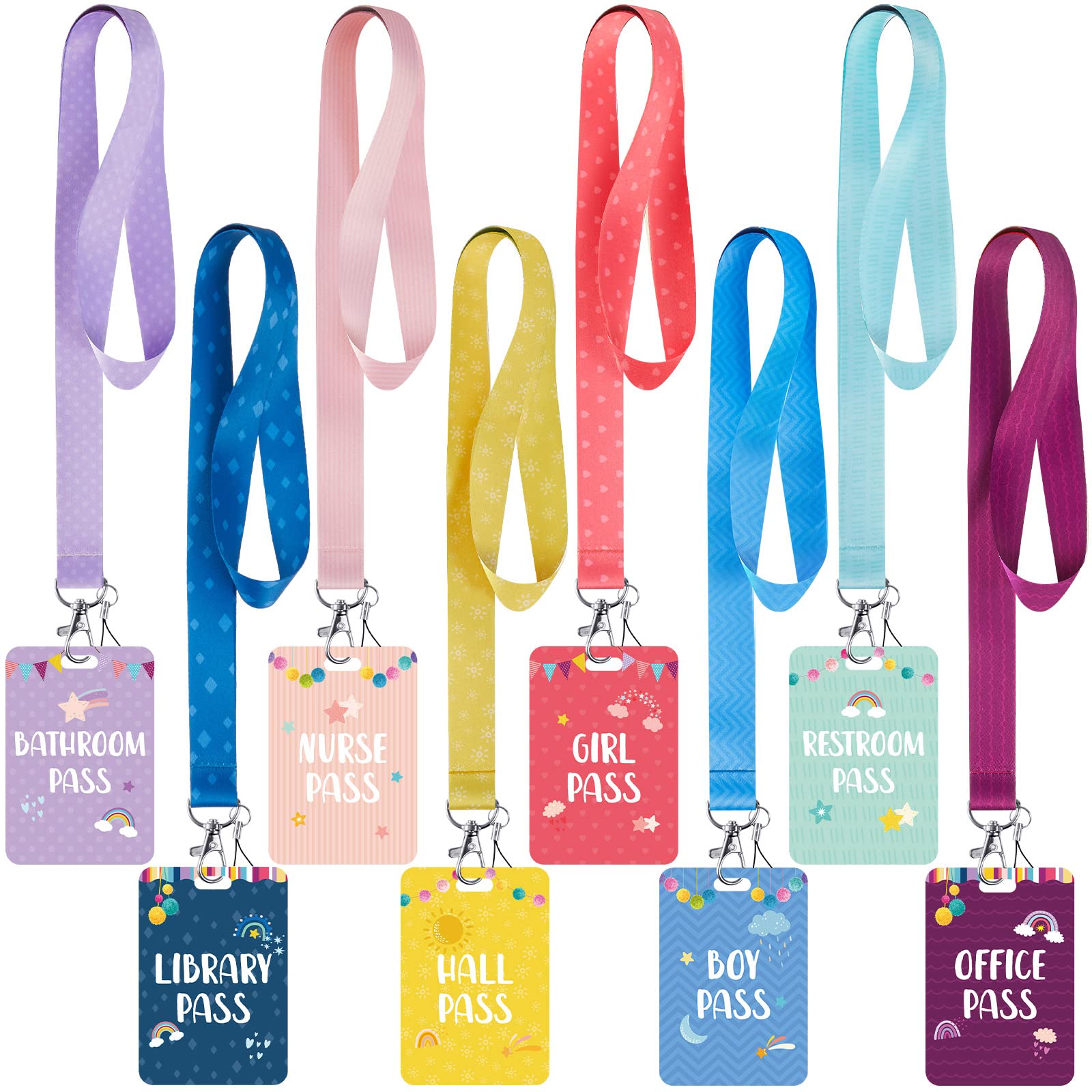 8 Sets Hall Lanyards Passes Classrooms Passes Set Unbreakable Classroom Passes for Bathroom Restroom Library Oh Happy Day School Hall Lanyards Passes for Office Nurse Boy Girl Teacher (Rainbow Style)