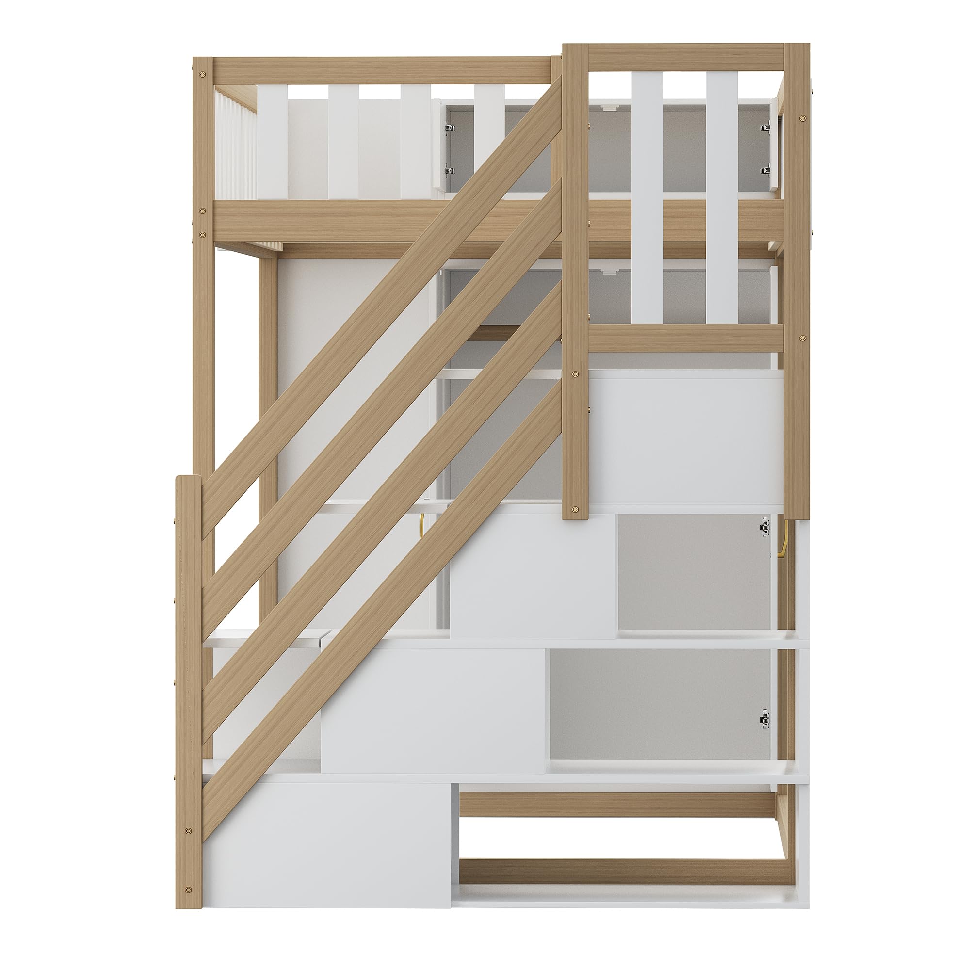 Azkoeesy Letto a soppalco singolo 90x200 cm - scala sicura/spazio di archiviazione/armadio/libreria/scrivania sul letto superiore - legno di pino - per bambini e ragazzi (naturale)