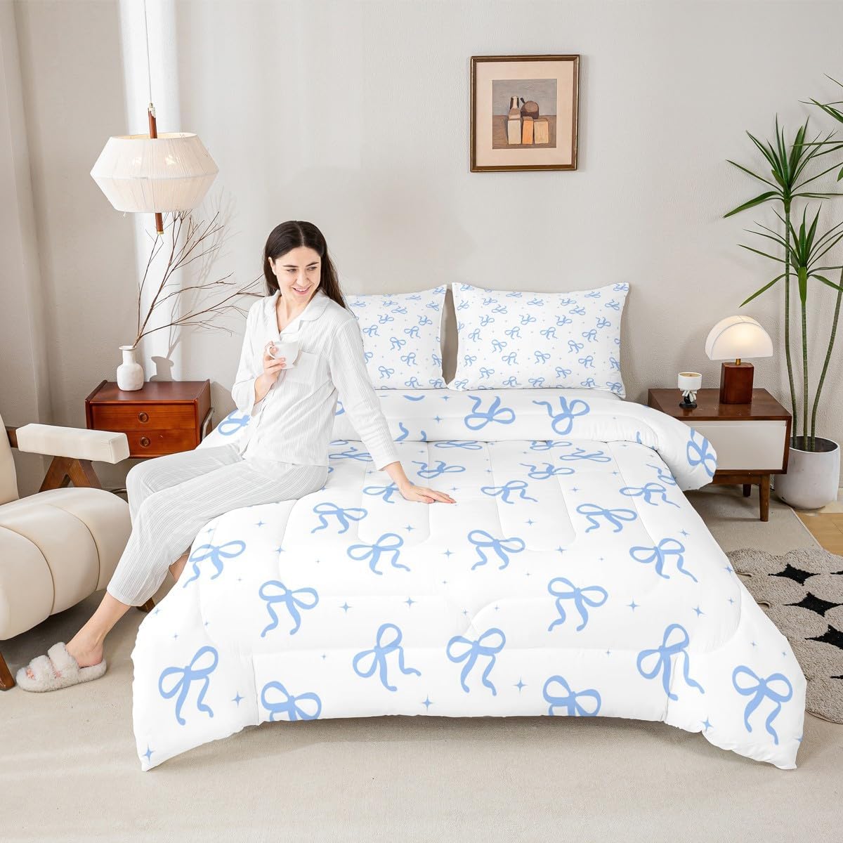 Erosebridal Blue Bow Bedding Set Twin Size - Teen Girl Coquette Bow Comforter Set for Kids Preteen Preppy Trendy Modern Bows Quilt Sets Blue White Fashion Girly Duvet Insert
