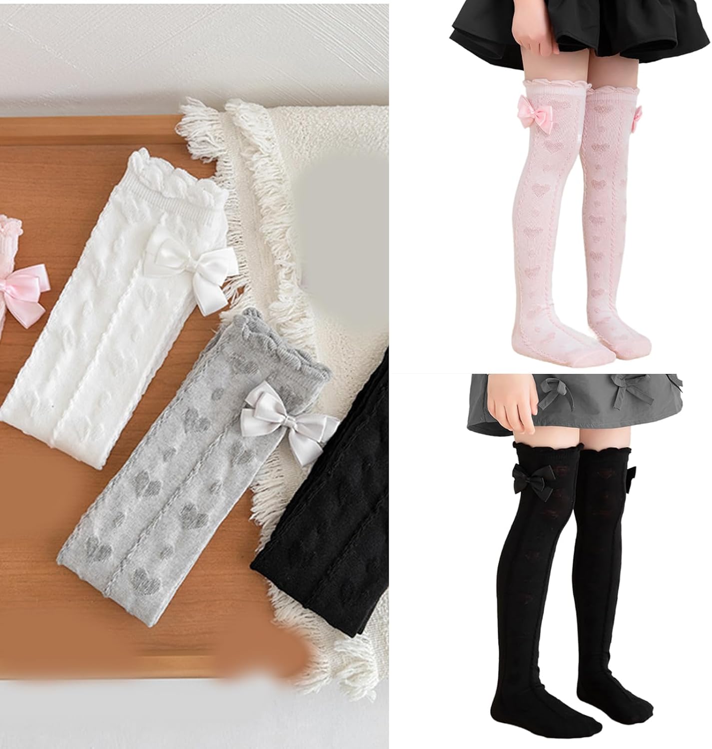 Pair Over The Knee Children Socks with Bowknot Designs Soft & Comfortable Combed Cotton Long Stockings for Ages 3 to 10
