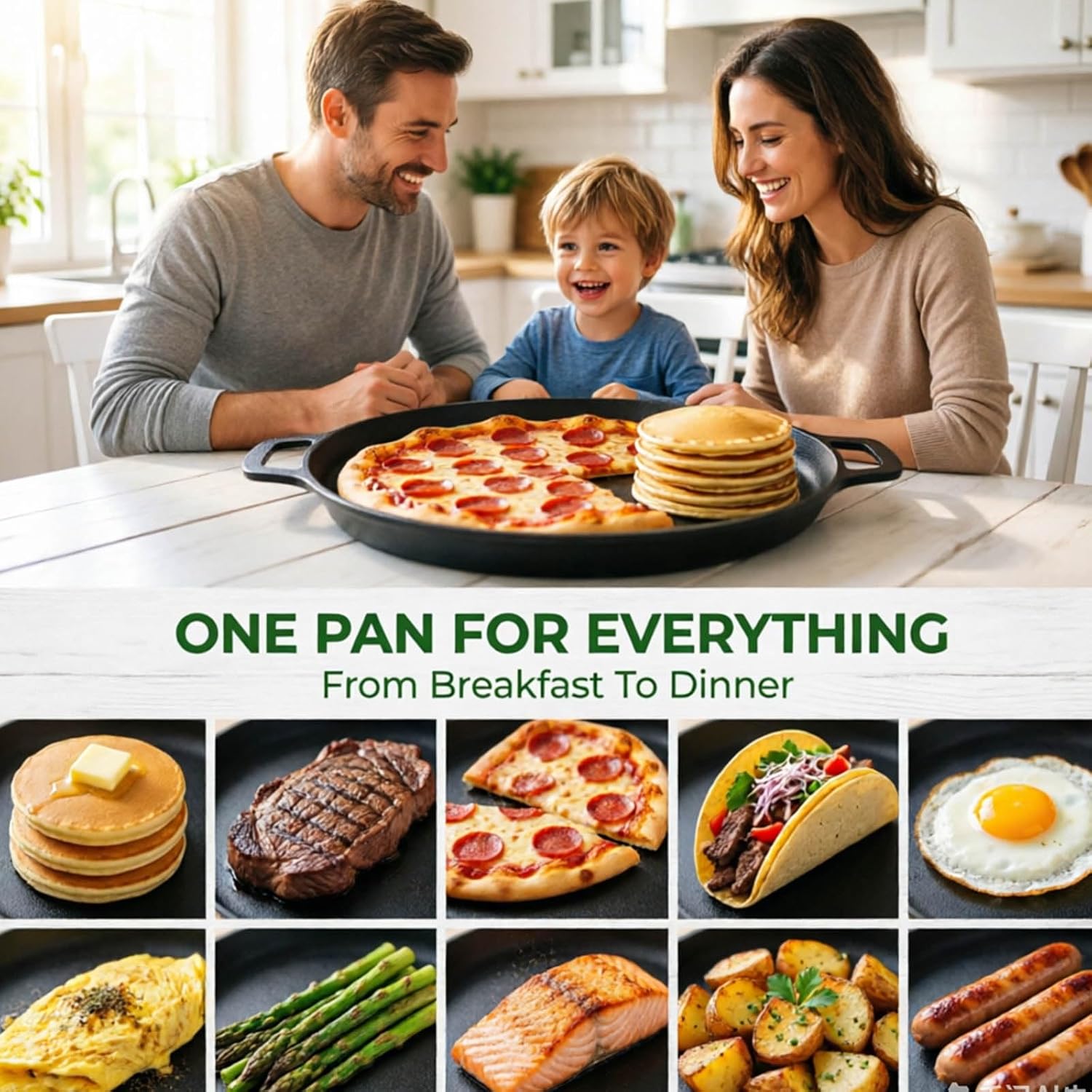12 Inch Cast Iron Dual Handle Pan, Non-Stick Flat Pan