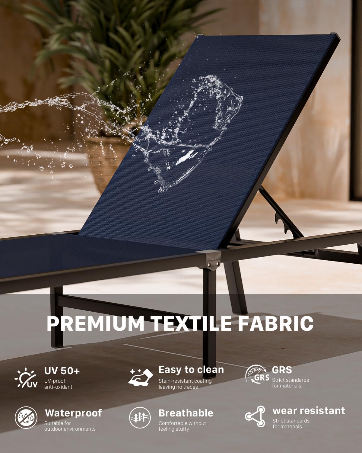 Aluminum Chaise Foldable Patio Lounge Chair Outdoor, Deck Lounger Adjustable 5-Position Recliner Pool Chase Breathable Full Flat Outside Sun Tanning Chairs for Beach/Poolside/Lawn(Navy Blue, 1Pack)