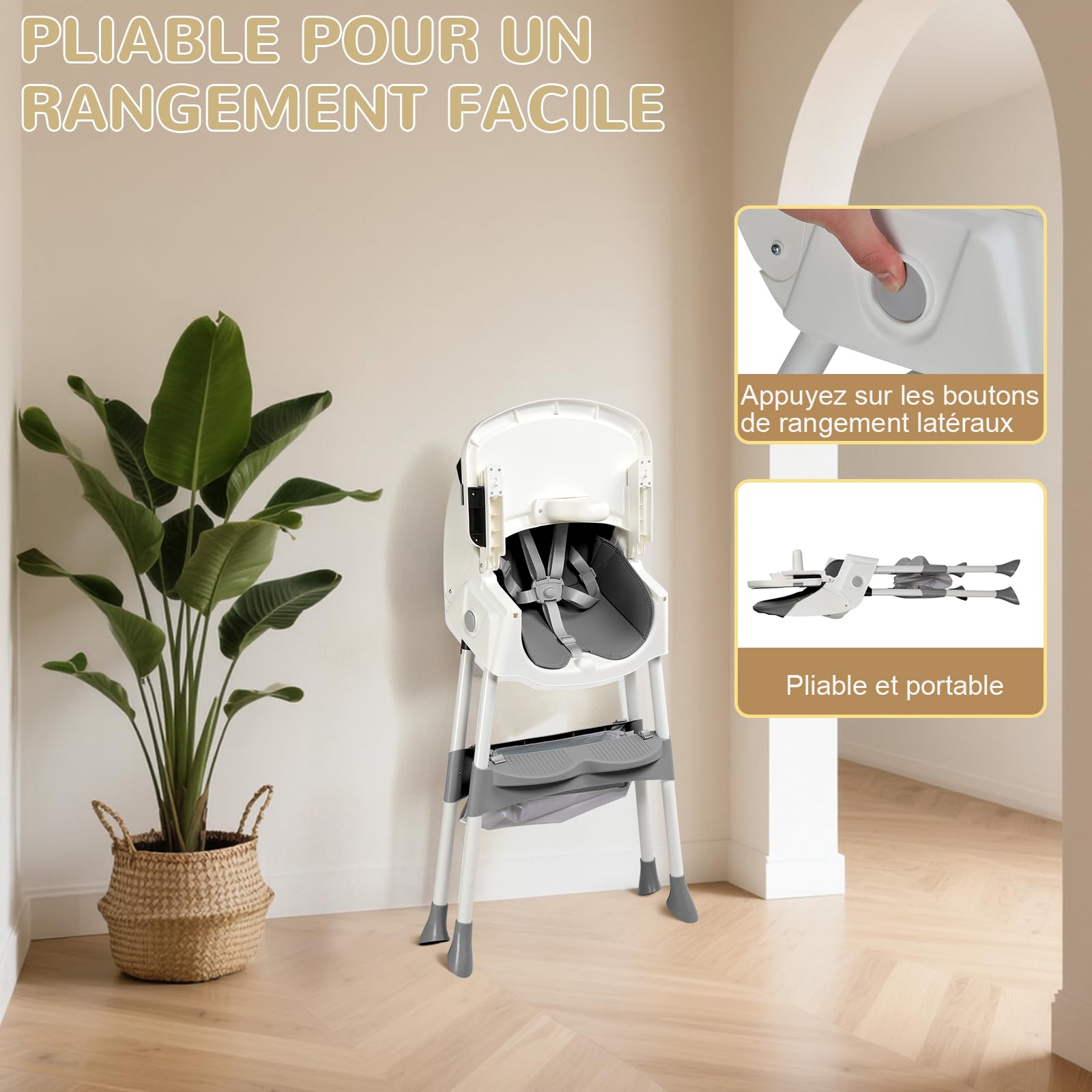 LEADZM 3 en 1 Chaise Haute Bébé Pliable, Plateau Double Amovible, avec Roulettes Pivotantes et Panier de Rangement, Convient aux Bébés de 6 à 36 Mois (Gris)