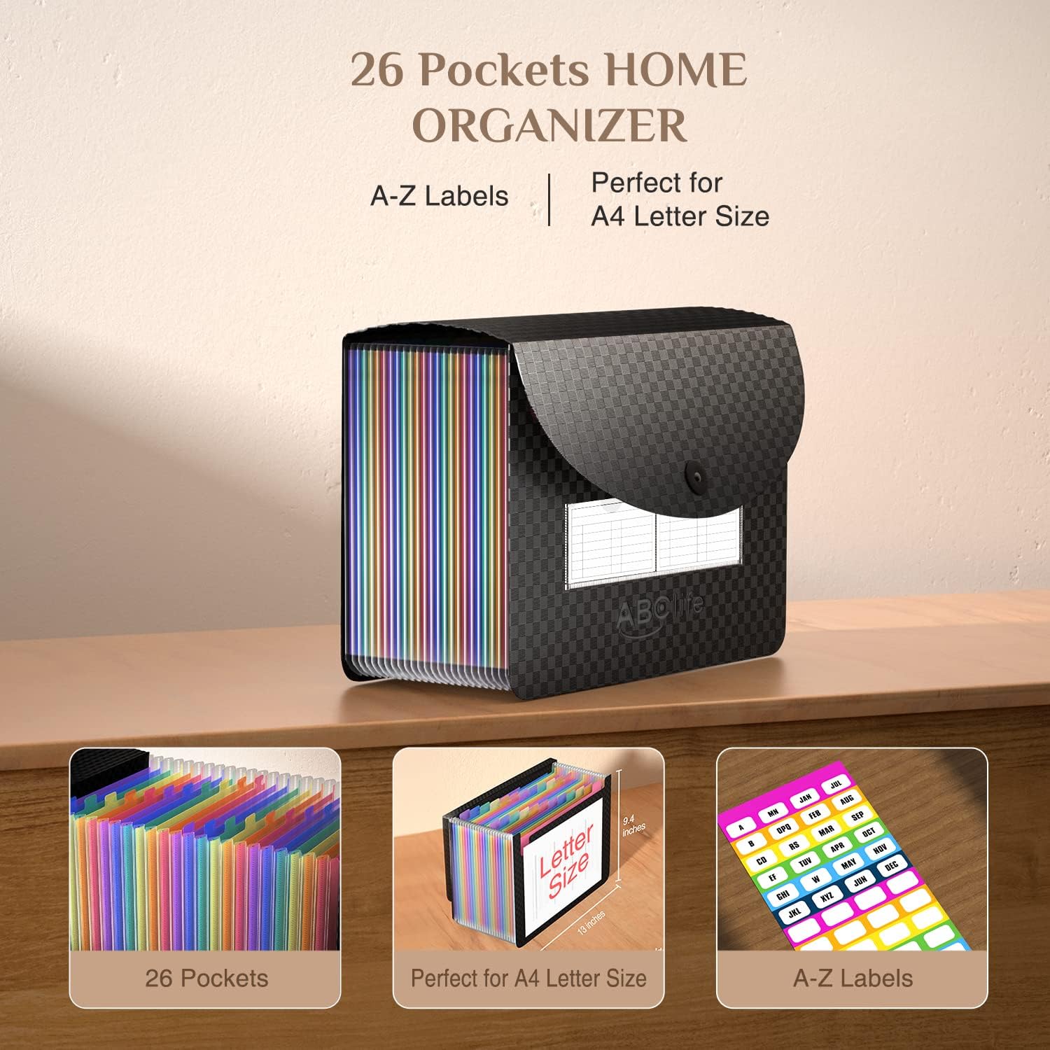 ABC life 26 Pockets Accordian File Organizer,Expanding File Folder/Portable A4 Letter Size Filling Box, Expandable Desktop Accordion Folder, Plastic Paper Document Coupon Organizer with Colored Label