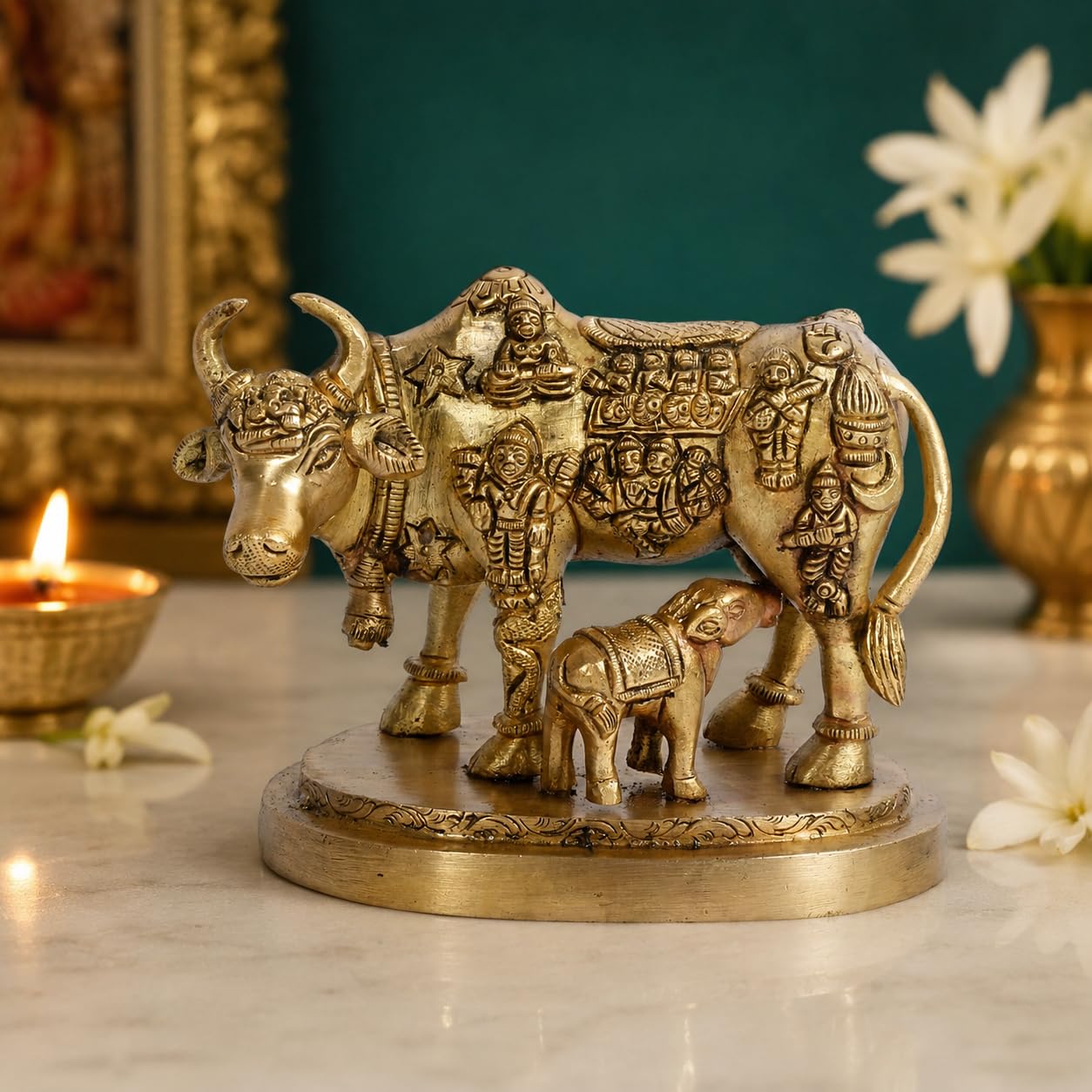 Amazon.com: Kartique Brass Kamadhenu Cow and Calf Idol for Home