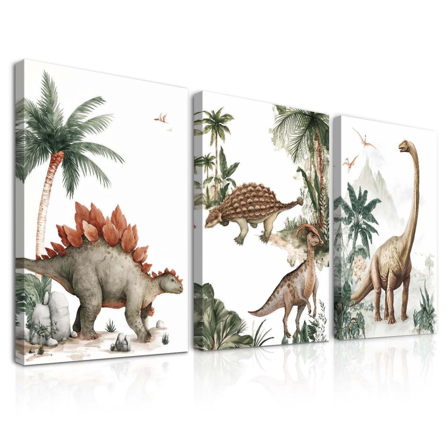Dazzlewall Vintage Watercolour Dinosaur Jungle Framed Poster 3 Pcs 12x16in
