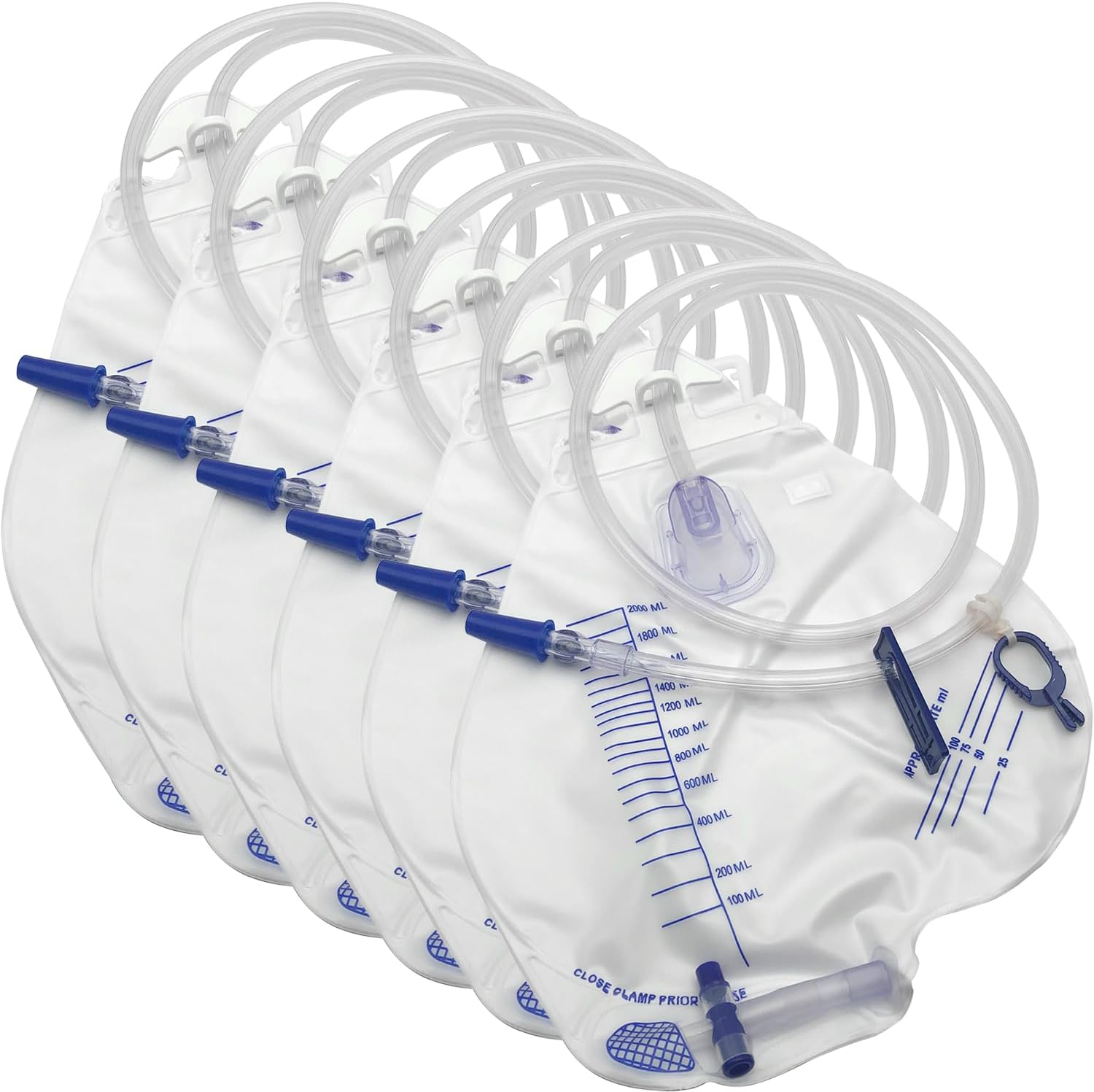 Urinary Drainage Bag with Anti-Reflux Chamber, Urine Bag with 2000 mL Volume, 48" Drainage Tube, Clips and Hanging Hook, Professional Urinary Bag for Home and Hospitals Health Aids,25 Pack