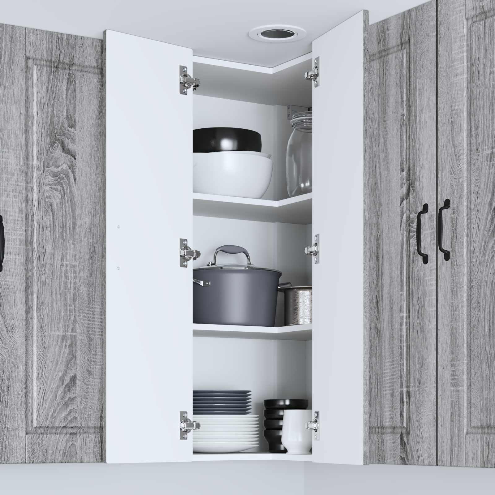 Armario esquinero de pared Porto Sonoma gris 57 x 57 x 100 cm armario de cocina de madera con 3 estantes y 2 puertas, montaje en pared, espacio de almacenamiento para armario de almacenamiento