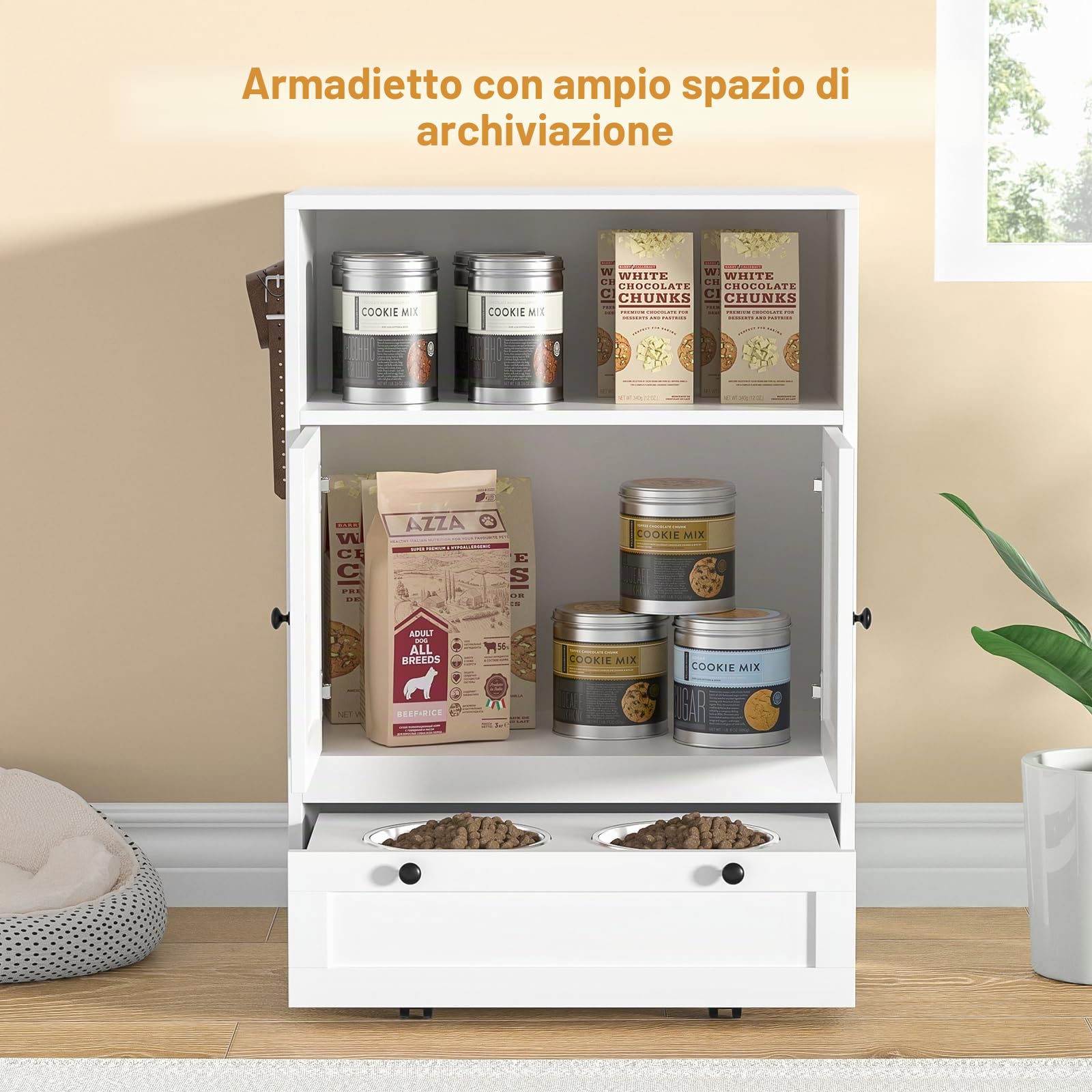 Mangiatoia per cani con 2 ciotole in acciaio inox, 60 x 35 x 82 cm, armadietto per animali domestici con ripostiglio, armadietto per animali domestici 2 in 1 e stazione di alimentazione, ciotola per
