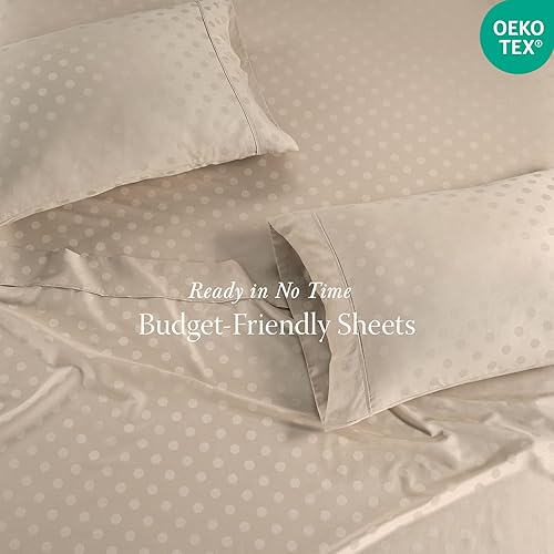 Miniatura 4 de Threadmill Sábanas 100% Algodón para Cama Tamaño King Juego de Sábanas de 4 Piezas para Cama King Suave, Transpirable y Ligero Satén de Damasco