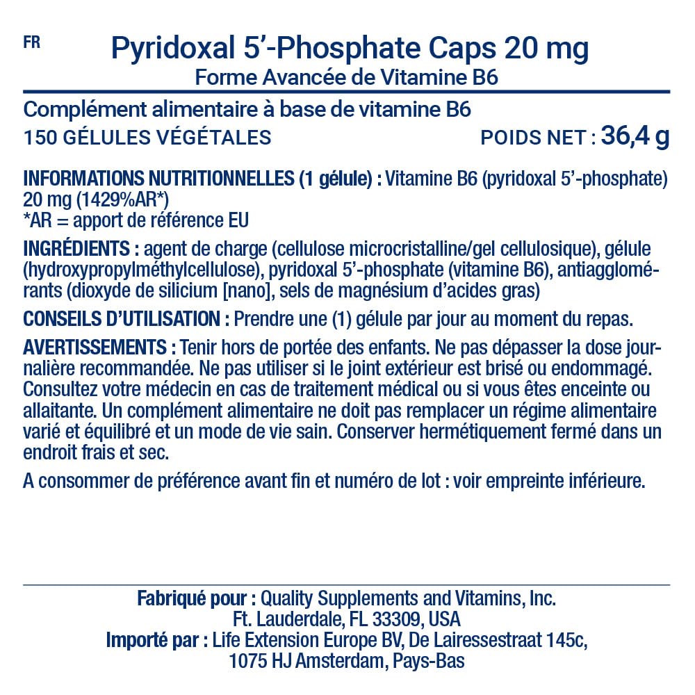 Life Extension - Pyridoxal 5'-Phosphate 20 mg, 150 Gélules Végétariennes – Soutient le Système Nerveux, le Métabolisme Énergétique, le Métabolisme du Glycogène et la Santé Cardiaque