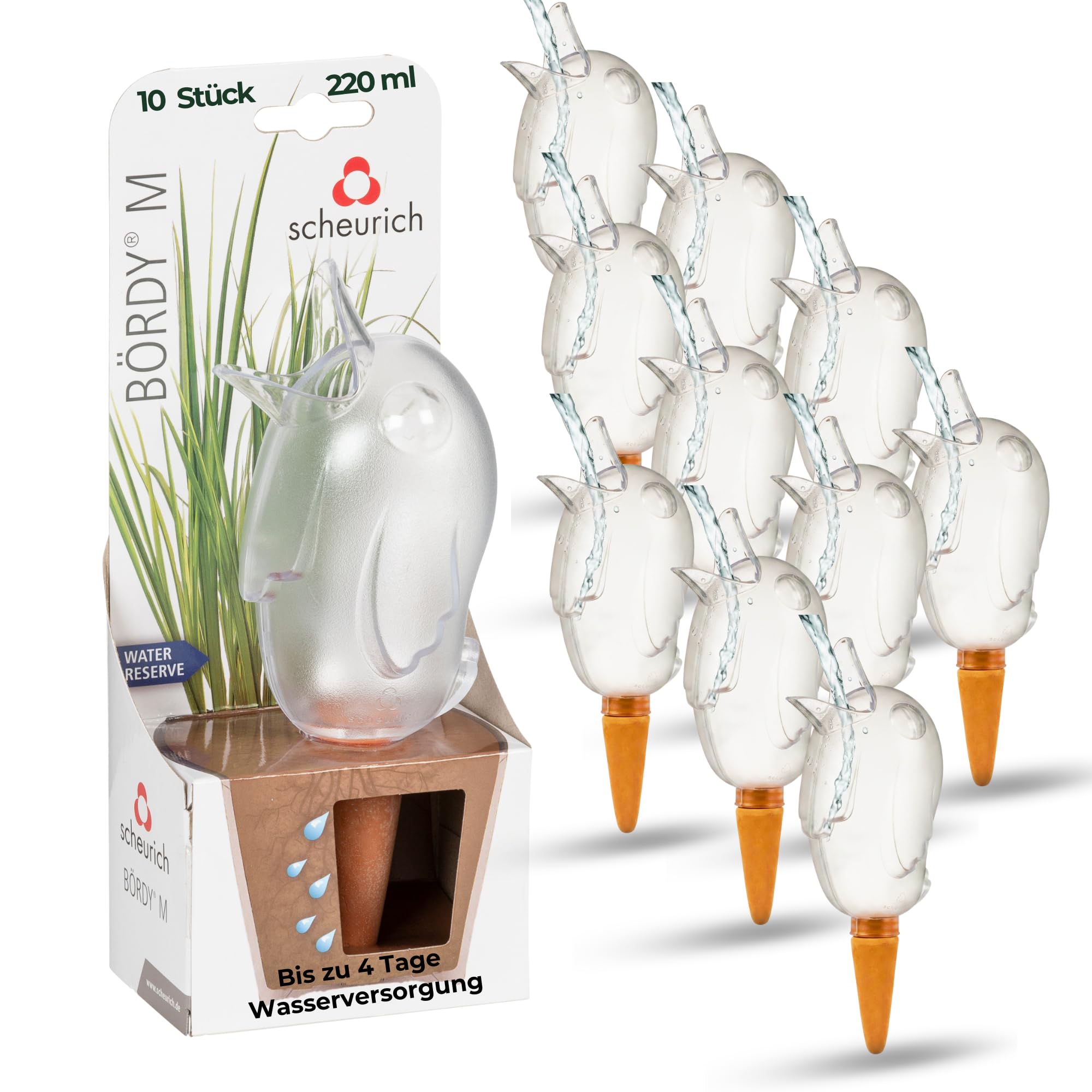 Scheurich Dozownik wody Bördy M | 10 x przezroczysty | pojemność 220 ml | mała kulka nawadniająca z glinką | dozownik wody do roślin pokojowych i kwiatów, trzonek z terakoty