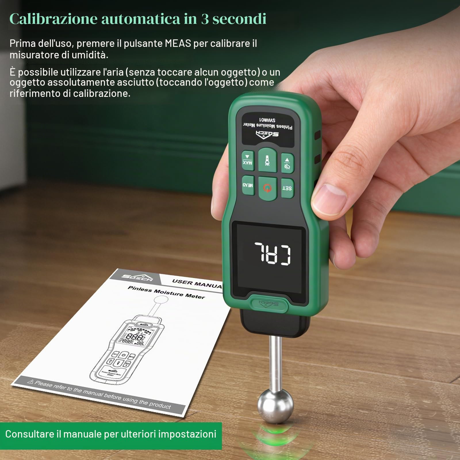 Misuratore Umidità, Igrometro SQECH con Termometro, Torcia | Misuratore di Umidità Multifunzionale con LCD a colori, Allarme, per Muri, Legno, Camper