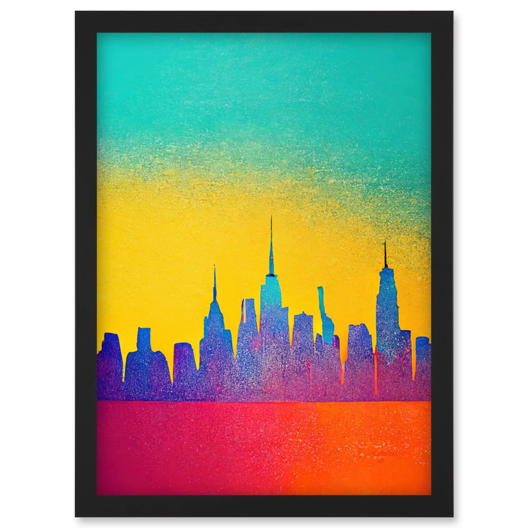 Wee Blue Coo Bright Colourful Abstract New York Skyline Cityscape Yellow Blue Coral Turquoise Artwork Framed Wall Art Print A4